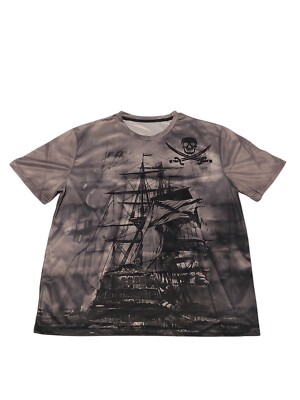 Herren T-Shirt Grau Größe XL, Bedruckung Piratenschiff