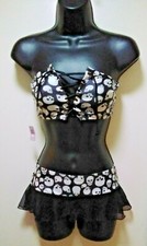 QUALITY Dancer Stripper Biker Skull Bustier Tube Top w Sheer Ruffle Mini Skirt