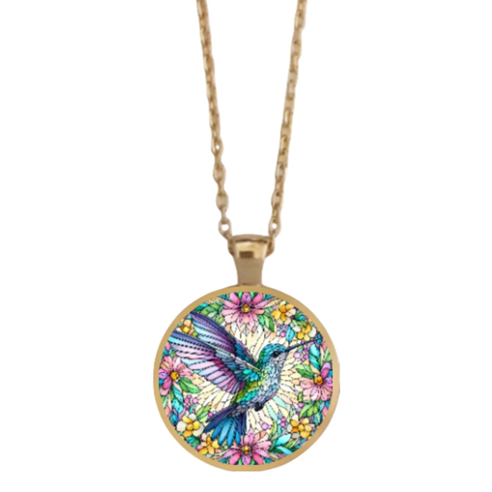 Colorido colgante/collar bisel colibrí tono plata oro o oro rosa Foto 4 de 4