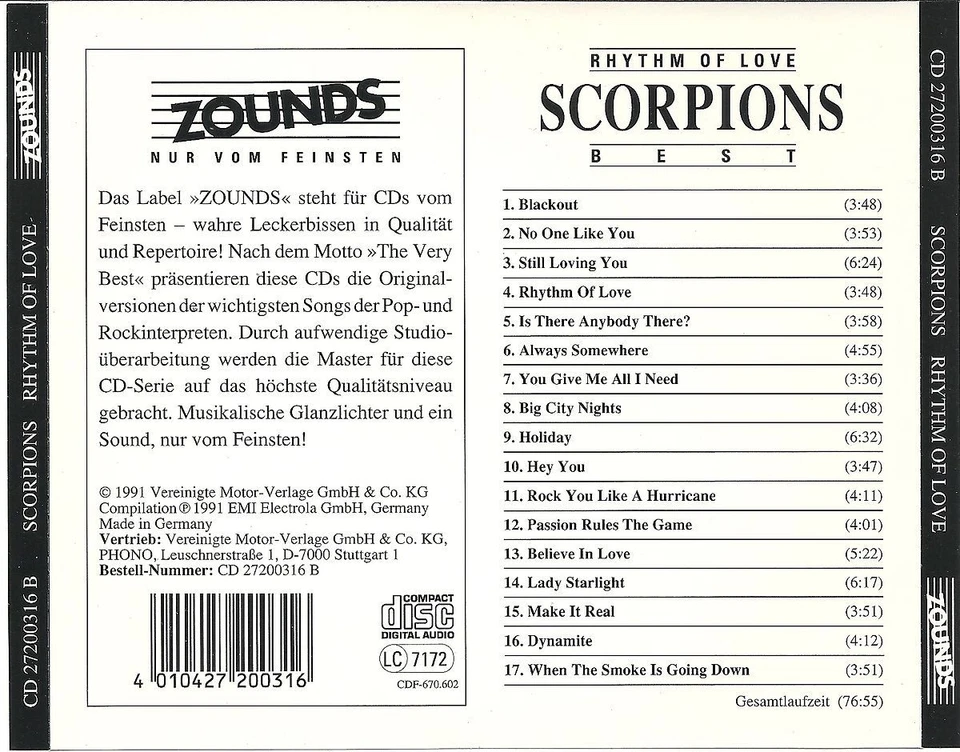 (CD) Scorpions - Rhythm Of Love - Best - Phono Music / Zounds (1991) - Bild 2 von 2