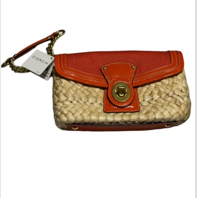 Coach Woven Raffia Clutch Bag Leather Trim Canvas Flap Wristlet