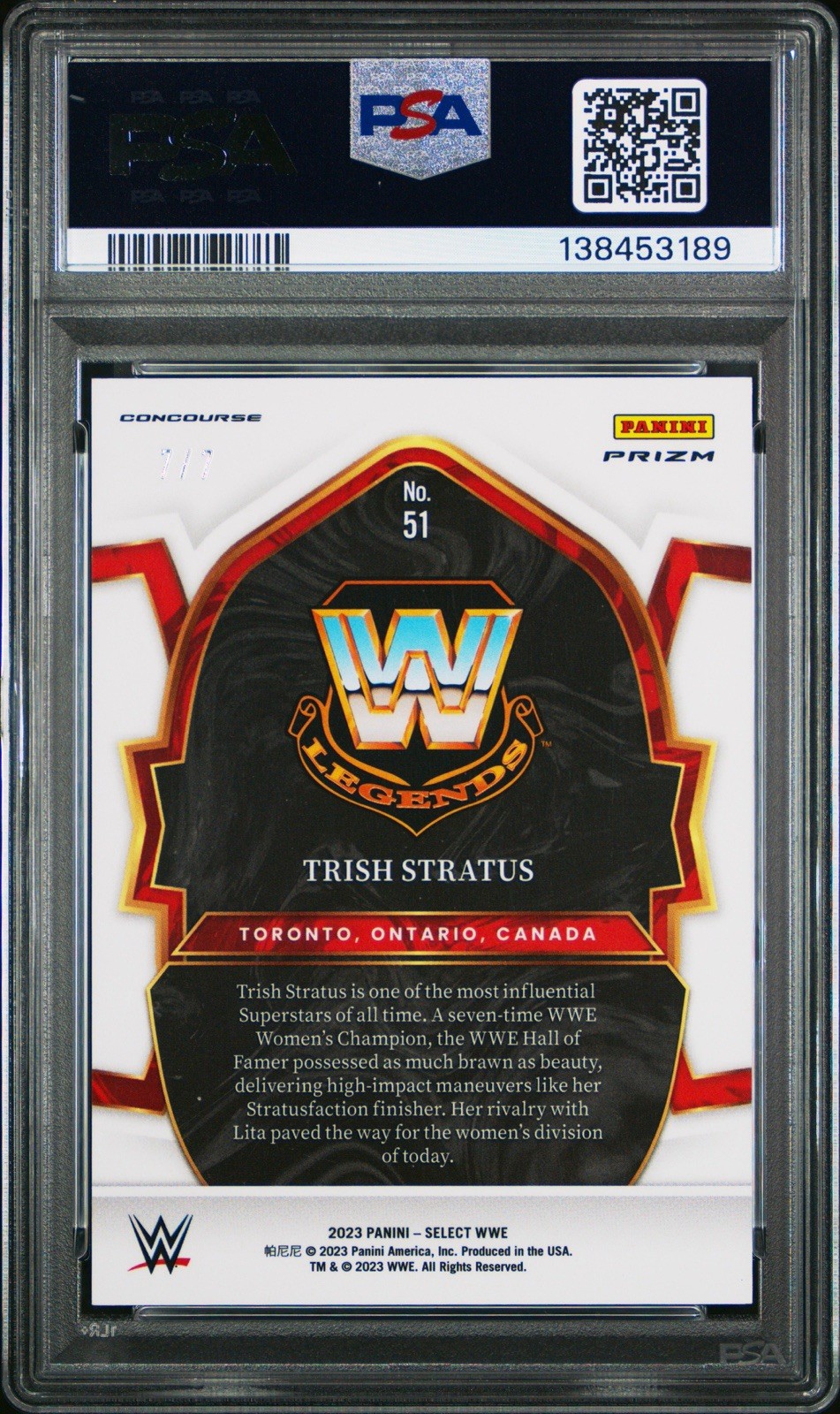 2023 Panini Select WWE Trish Stratus #51 Concourse FOTL Mojo Prizm /7 PSA 10 view 2