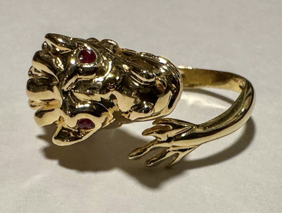 C. 1980 Ross Simons 18K Yellow Gold Dragon open bypass Ring 2 Ruby Eyes Size 8-9