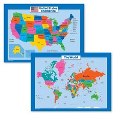 World Map and USA Map for Kids - 2 Poster Set - LAMINATED - Wall Chart Poster of