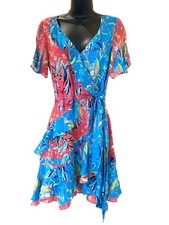 Tanya Taylor Silk Wrap Dress Multicolor Floral Ruffle Hem V-Neck Short Sleeve Wo