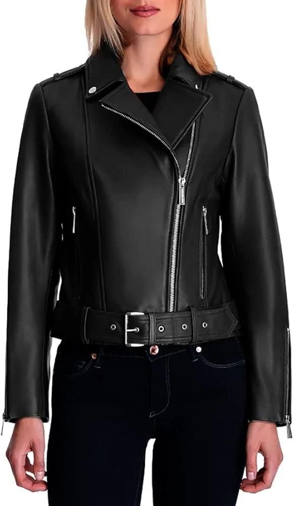 $480 - Michael Michael Kors Belted Leather Moto Jacket in Black Size M