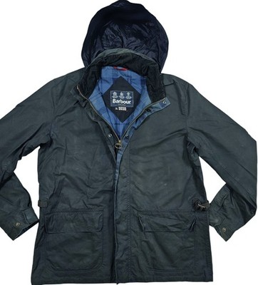 *HOT Men's BARBOUR HALKIRK TARTAN PARKA HOOD LINED NAVY WAXED Jacket XL (*Fit L)