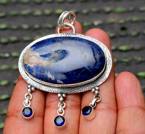 Sodalite Gemstone 925 Sterling Silver Handmade Pendant Jewelry Approx - 2.24"