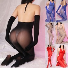 Women Oil Shiny Glossy Bodysuit Catsuit Open Crotch Bodystocking Jumpsuit