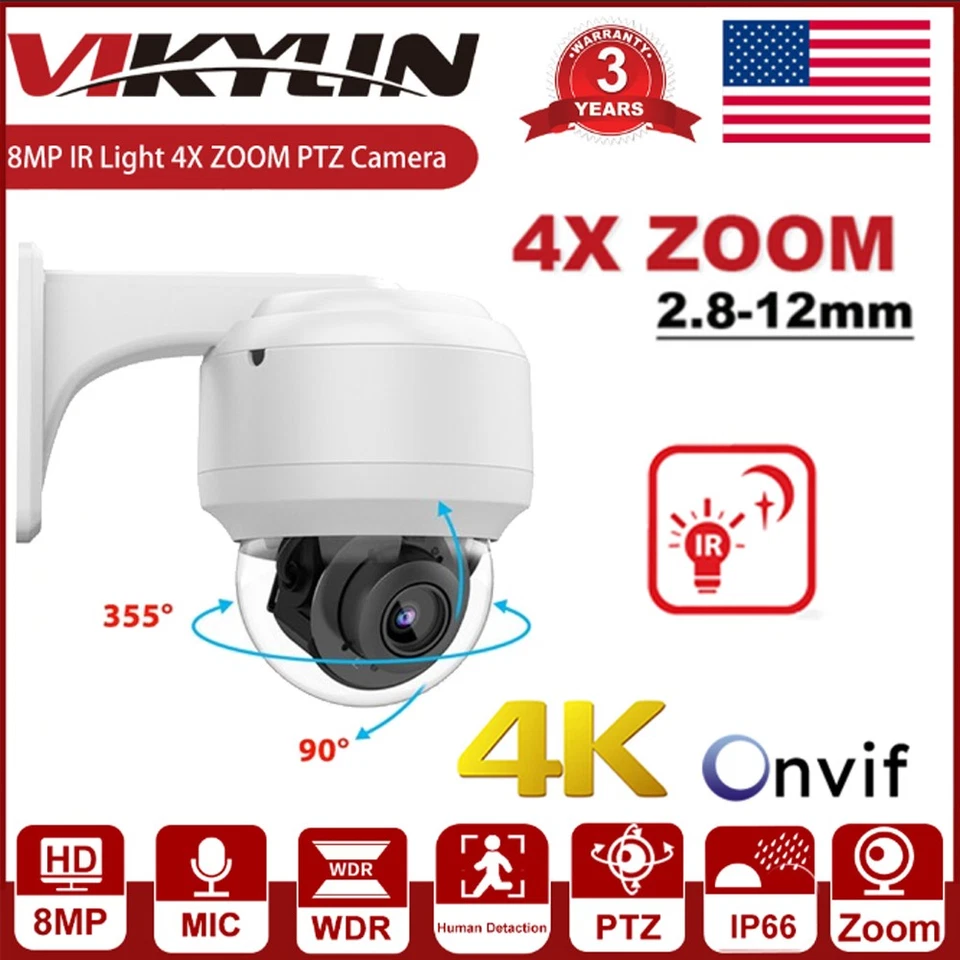 Vikylin 4K 8MP Security POE IP PTZ Camera 4X Optical Zoom Outdoor Speed Dome IR