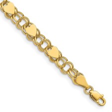 14k Yellow Gold 6mm Solid Double Link with Hearts Charm Bracelet 7"
