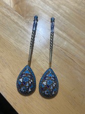 pair Russian silver enamel spoons