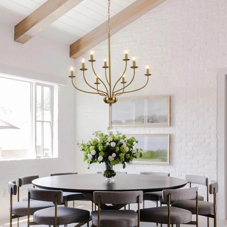 Lámpara de araña dorada Lámpara de araña de latón de 2 niveles 9 luces para comedor... Foto 2 de 4