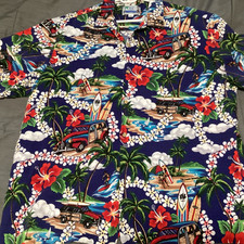 Vintage RJC Barkcloth Hawaiian Shirt Surfboard Woody Cars Surfers Sz XL