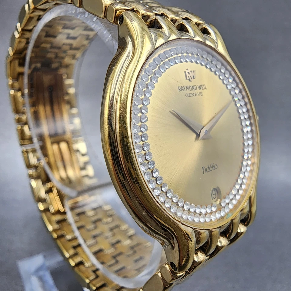 Relógio masculino Raymond Weil Fidelio 32 mm mostrador dourado data folheado a ouro 4802 nova bateria - Imagem 4 de 4