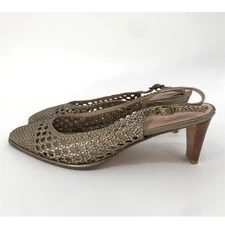 Stuart Weitzman Meeting Gold Woven Leather Slingback Heels Womens 6.5 