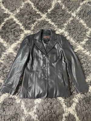Siena Studio Black Leather Blazer Jacket Womens Size 10 Tailored 3-Button Coat