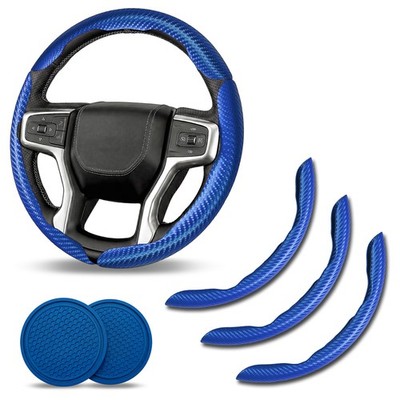 38cm 3PCS Segmented steering wheel cover with 2PC Car coasters for BMW Blue