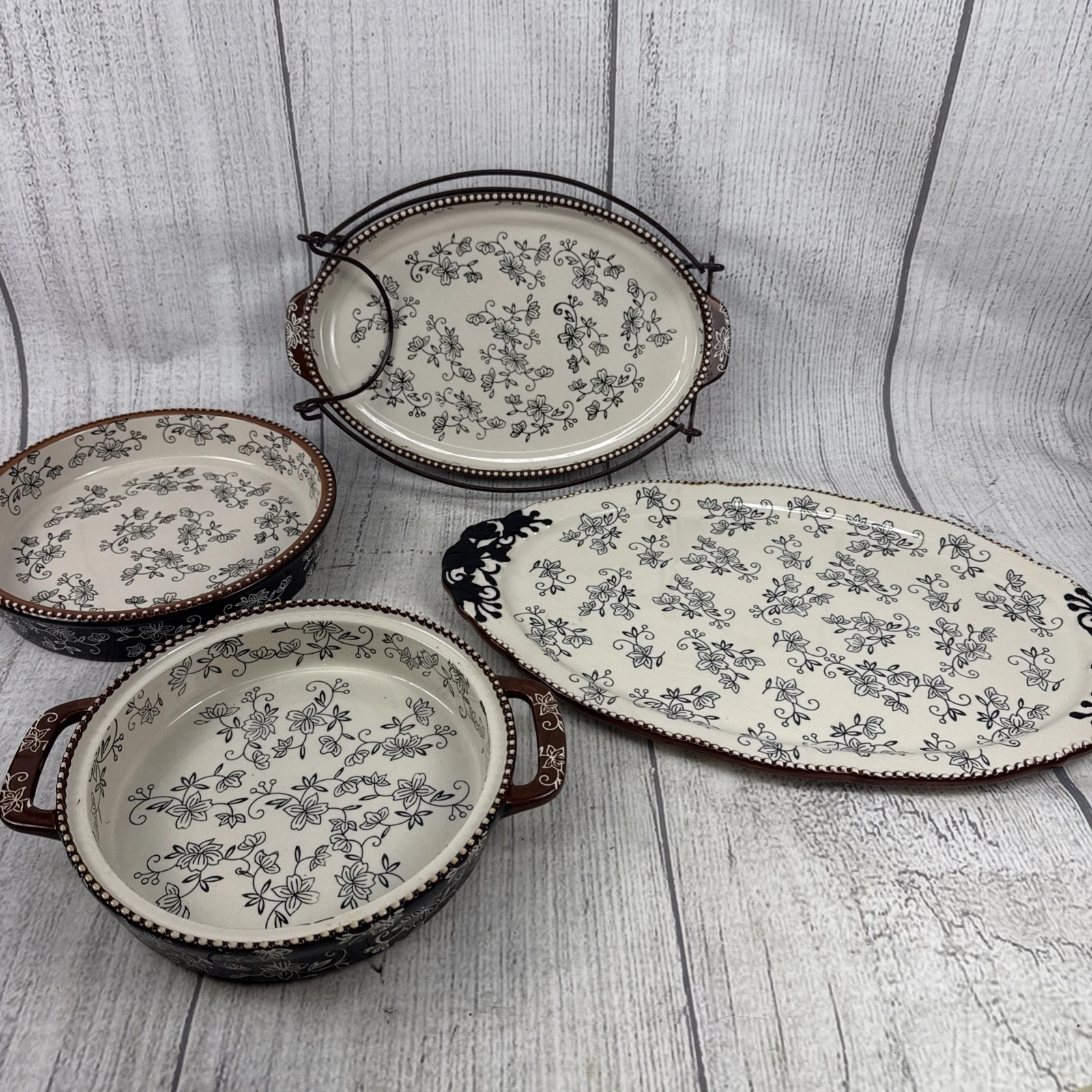 Temp-Tations 4 Black Floral Lace Presentable Ovenware Serving Trays/Pie Plate..
