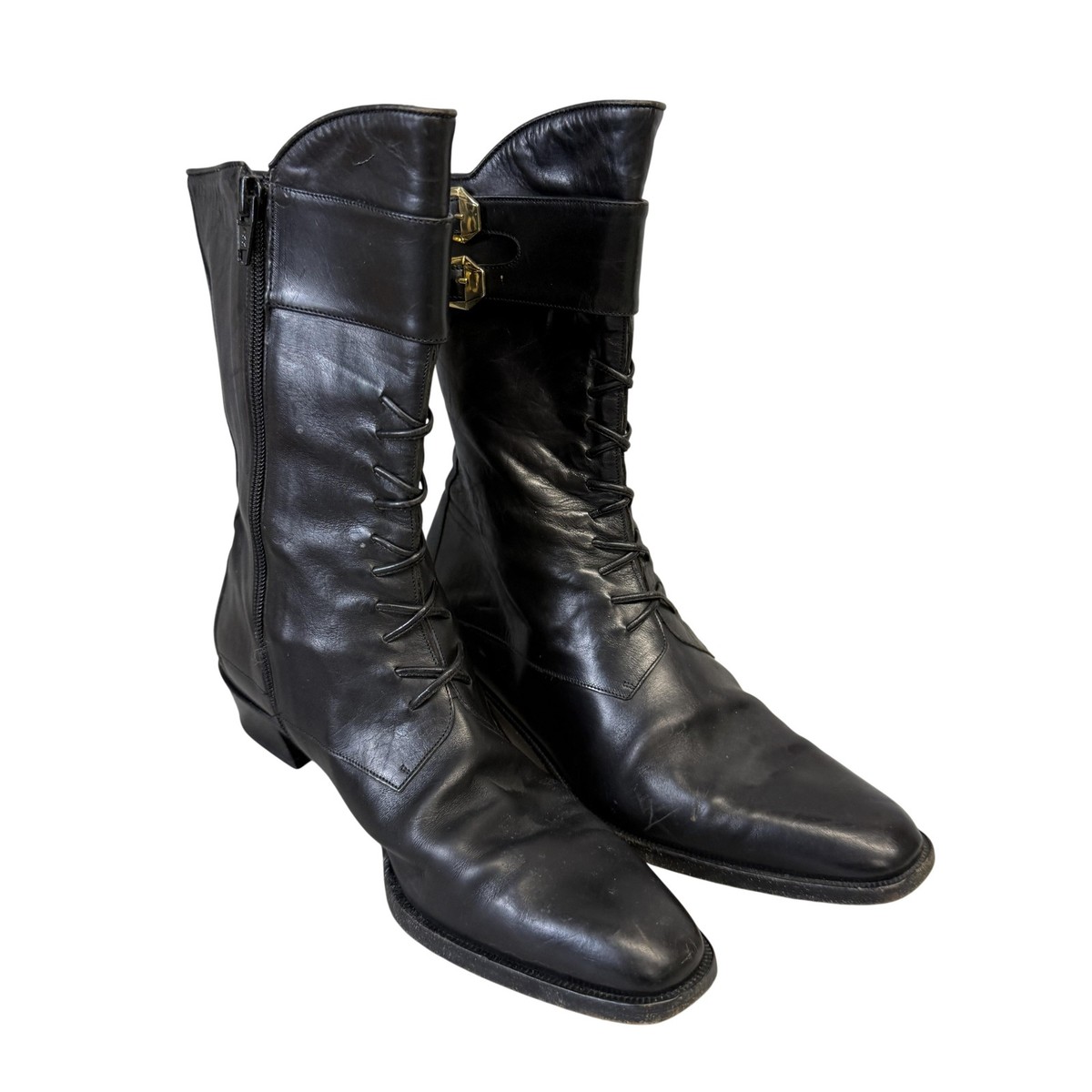 Via Spiga Boots Womens Size 7.5 Black Leather Lace Up Mid Calf Riding Italy
