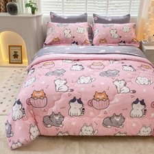7 Piece Girls Cat Comforter Set Full Size Bed in A Bag Pink Cute Cartoon Pet