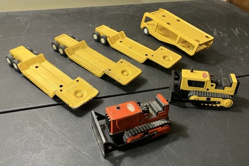 Tonka Flat Trailers, Car Trailer & Bulldozers Lot of Vintage 1970s Pressed Steel