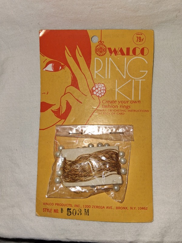 Vintage Walco Ring Kit 503M Faux Pearl Bead Gold string Crocheting Craft Kit NIP