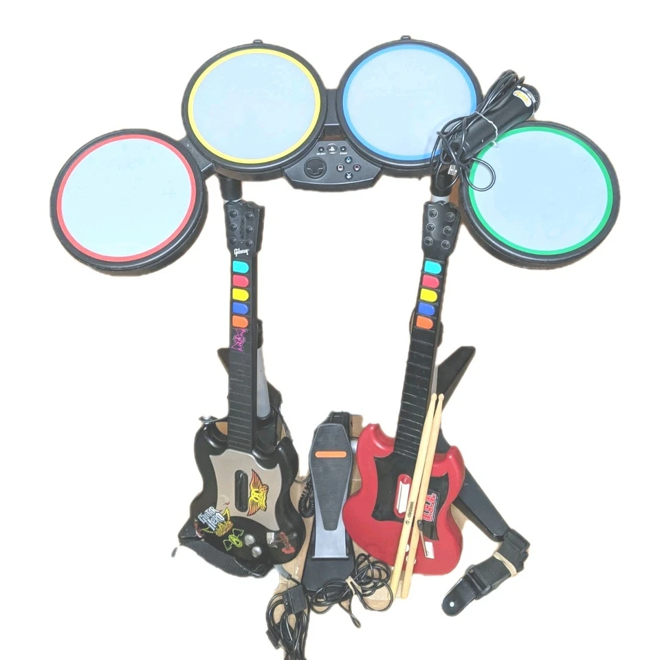 Playstation PS2/P33 Rock Band Drum Set Bundle - 2 Guitars/Drum Controller TESTED - Image 2 of 4