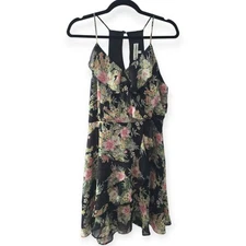 Almost Famous Size L Floral Tiered Ruffle Mini Dress Spaghetti Strap Keyhole 