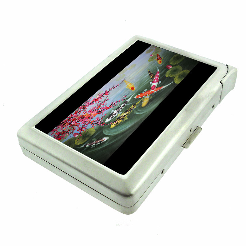 Koi Pond Em1 Cigarette Case with Built in Lighter Metal Wallet