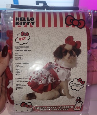 HELLO KITTY PET SATIN CLASSIC PARTY DRESS & HEAD BOW SET MEDIUM NWT