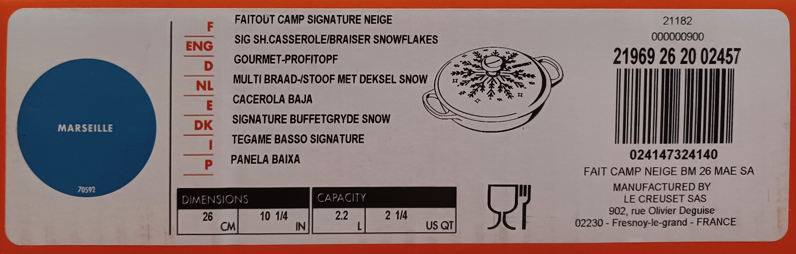 LE CREUSET Enamel Cast Iron Signature MARSEILLE Blue Snowflake Braiser