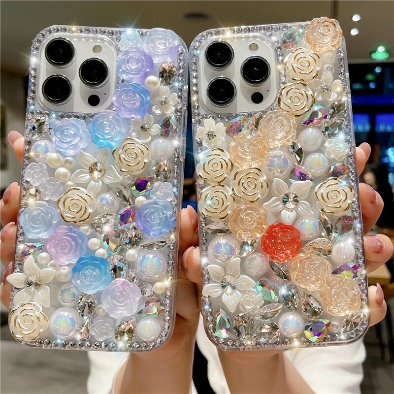 Funda 3D Brillante Cristal Perla Flor Para iPhone 14 13 Pro Max 12 11 8 X XR Foto 4 de 4