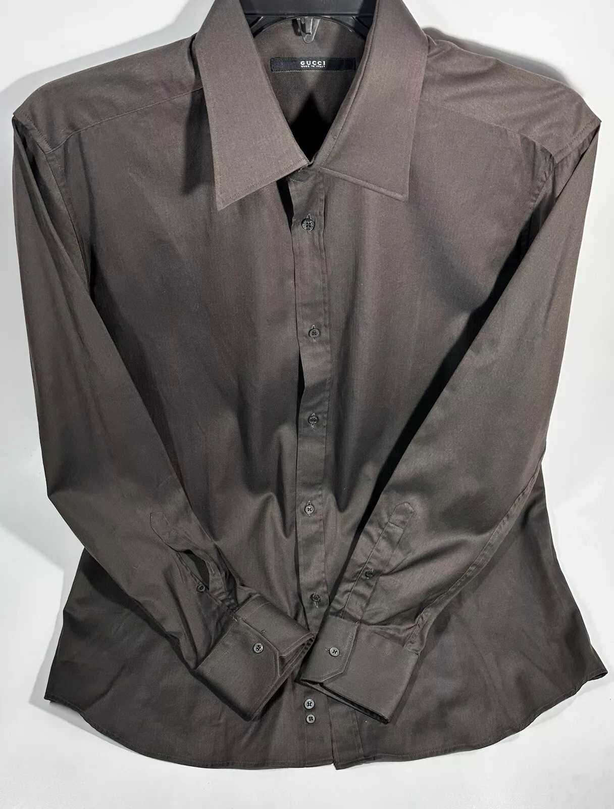 Gucci Classic Homme Robe Chemise de Travail Manches Longues Boutonnée Marron Taille 42 16,5