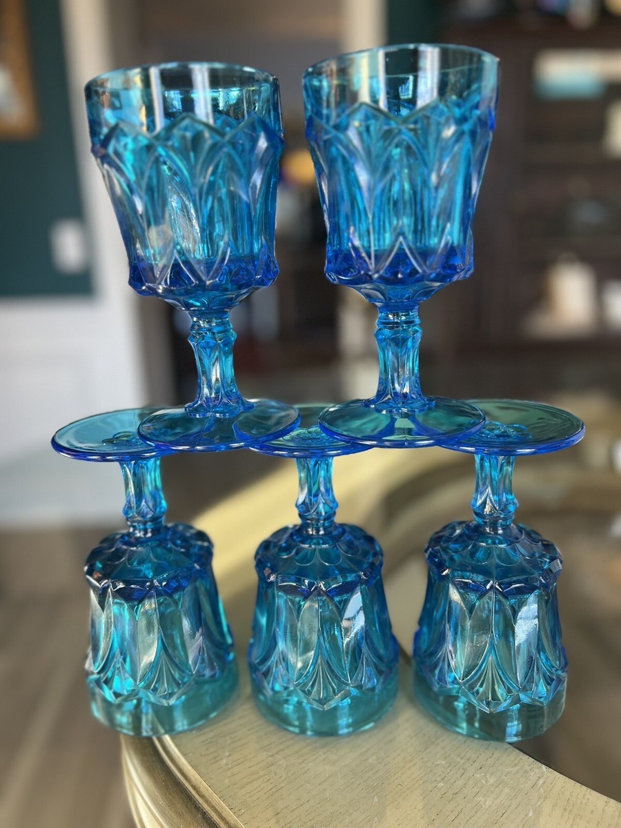Set Of 5 Vintage Red Cliff Blue Water Wine Goblet Fenton Glass