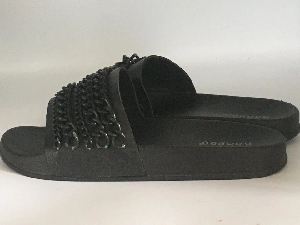 Sandalias planas de bambú negras para mujer talla 7 M tacón de mula punta abierta cadenas negras NUEVAS Foto 4 de 4