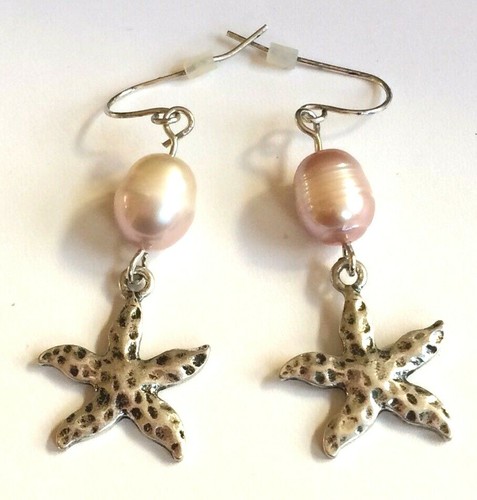 Pearl Starfish Earrings Freshwater Silver Plated Sea Life Island Beach Nautical - Picture 6 of 12
