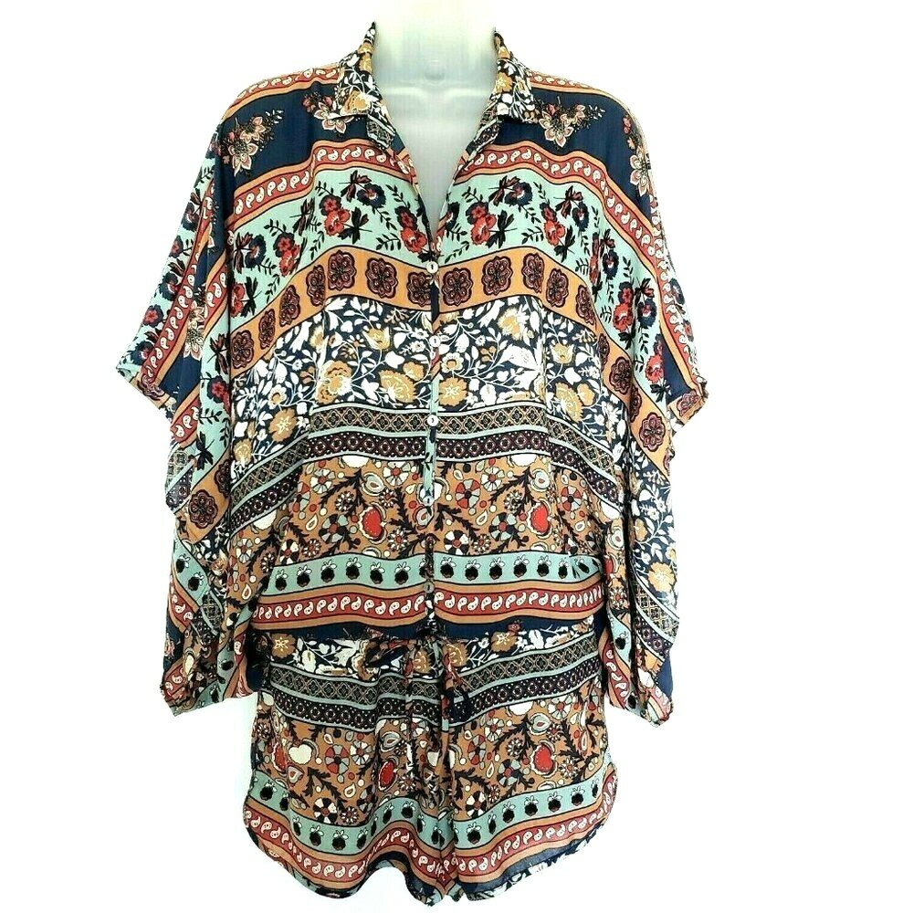 Olivaceous Romper Size S Kimono Sleeve Floral Pattern Button Front Tie Waist-image