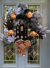 Ashland 24” Halloween HAUNTED HOUSE Wreath: Black Gray & Orange • MSRP $99.99