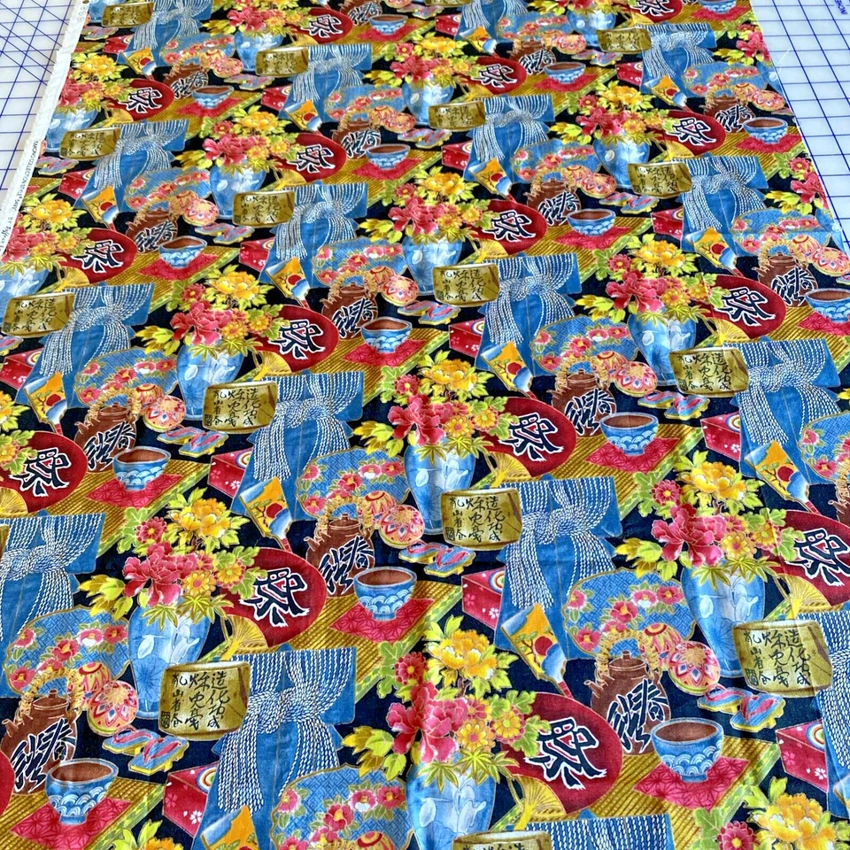 Hoffman Kimono Collection 5493 Cotton Fabric Quilting Blue Floral Asian Design - Image 2 of 4