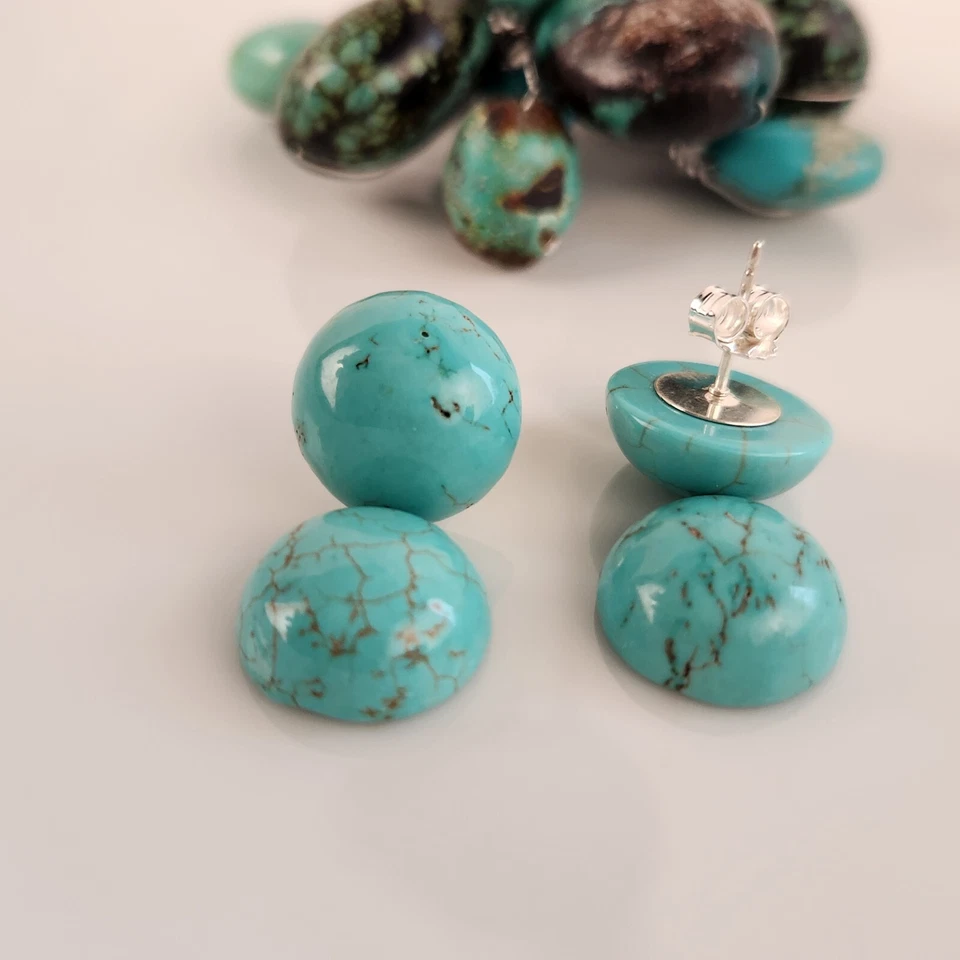 Real Solid 925 Sterling Sliver Blue Turquoise Round 14mm Stud Earrings - Image 3 of 4