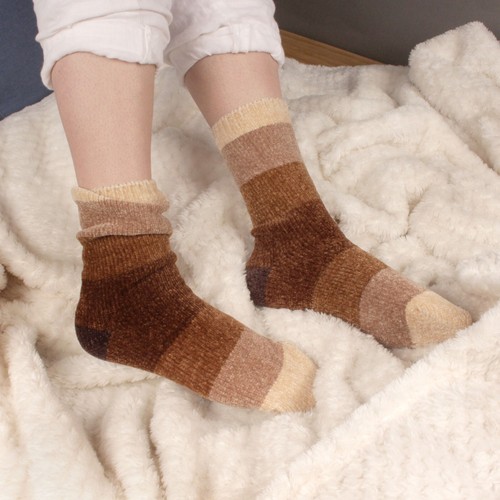 BambooMN Women's Chenille Fuzzy Cozy Fun Color Block Ankle Home Socks, 2 Sizes - Picture 23 of 25