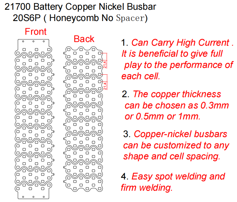 『よーぽん』 0.3/0.5/1mm 20S6P PURE Copper Nickel Busbar 21700 Battery
