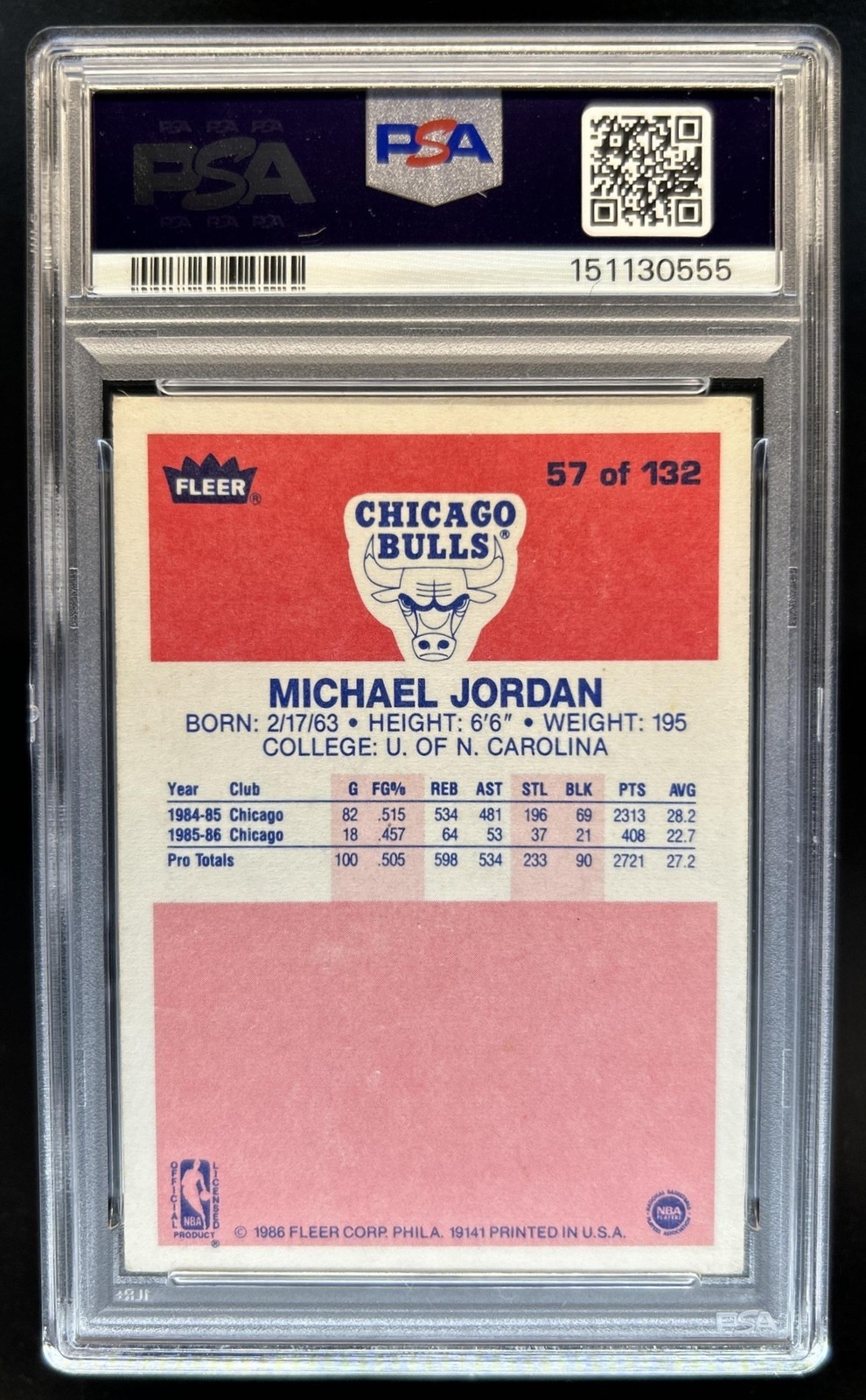 1986-87 Fleer Michael Jordan Rookie RC #57 Bulls PSA 3 view 2