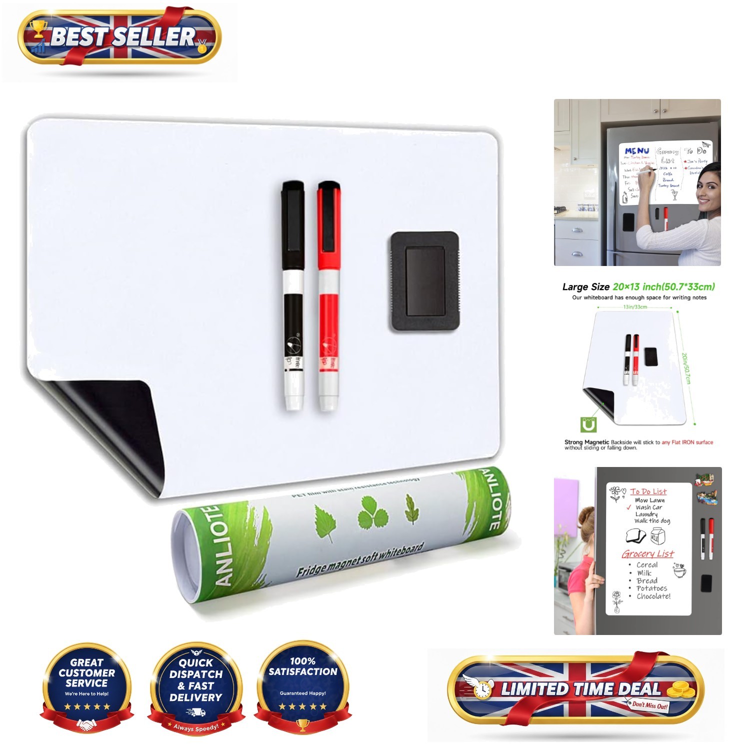 Stain-Resistant Fridge Whiteboard with Magnetic Pens and Eraser - 50x33cm