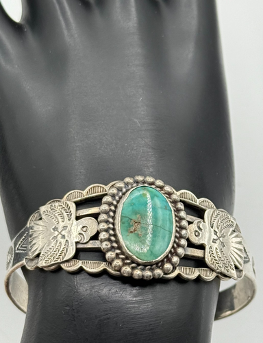VTG Southwestern Sterling Silver TESTED Cuff Bracelet Turquoise Thundbirds READ - Picture 4 of 9