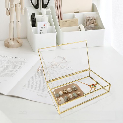 Box Organizer Glass Display Jewelry Gold Vintage With Lid Chain Rectangle - Picture 4 of 7