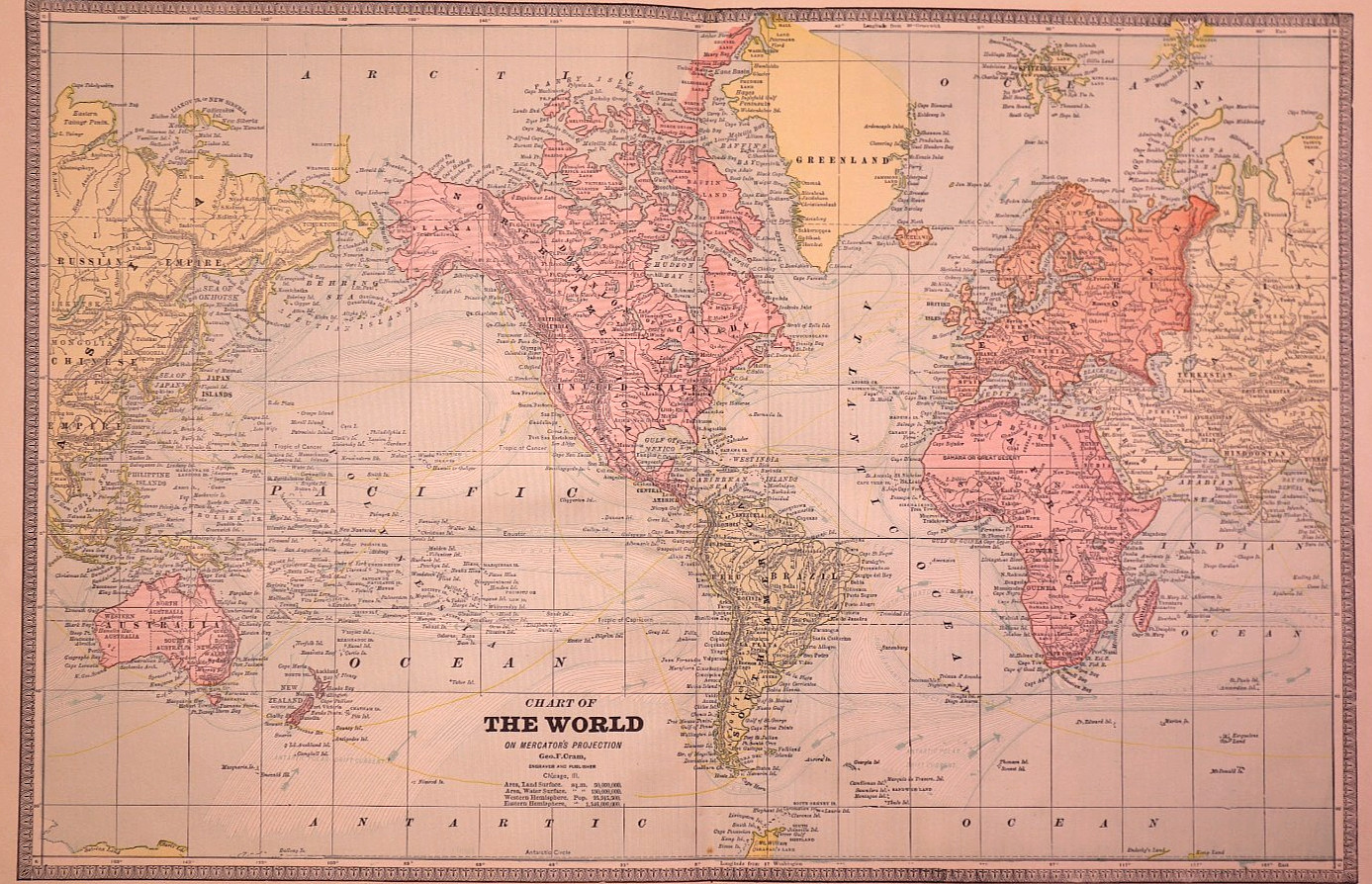 Antique 1888 Map of The World including Ocean Currents