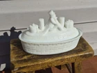Antique Flaccus Bros Milk Glass Uncle Sam Battleship Covered Dish 1898 USS Maine