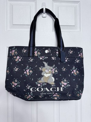 NWT!RARE!Coach 91116 Disney X Bambi Thumper Floral Canvas Large Tote In Midnight